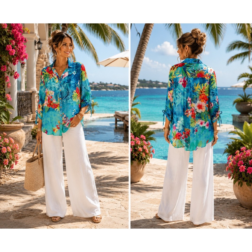 NWT $109 John Mark Tropical Floral Tunic Top Button Front Ruched Tie Sleeve M